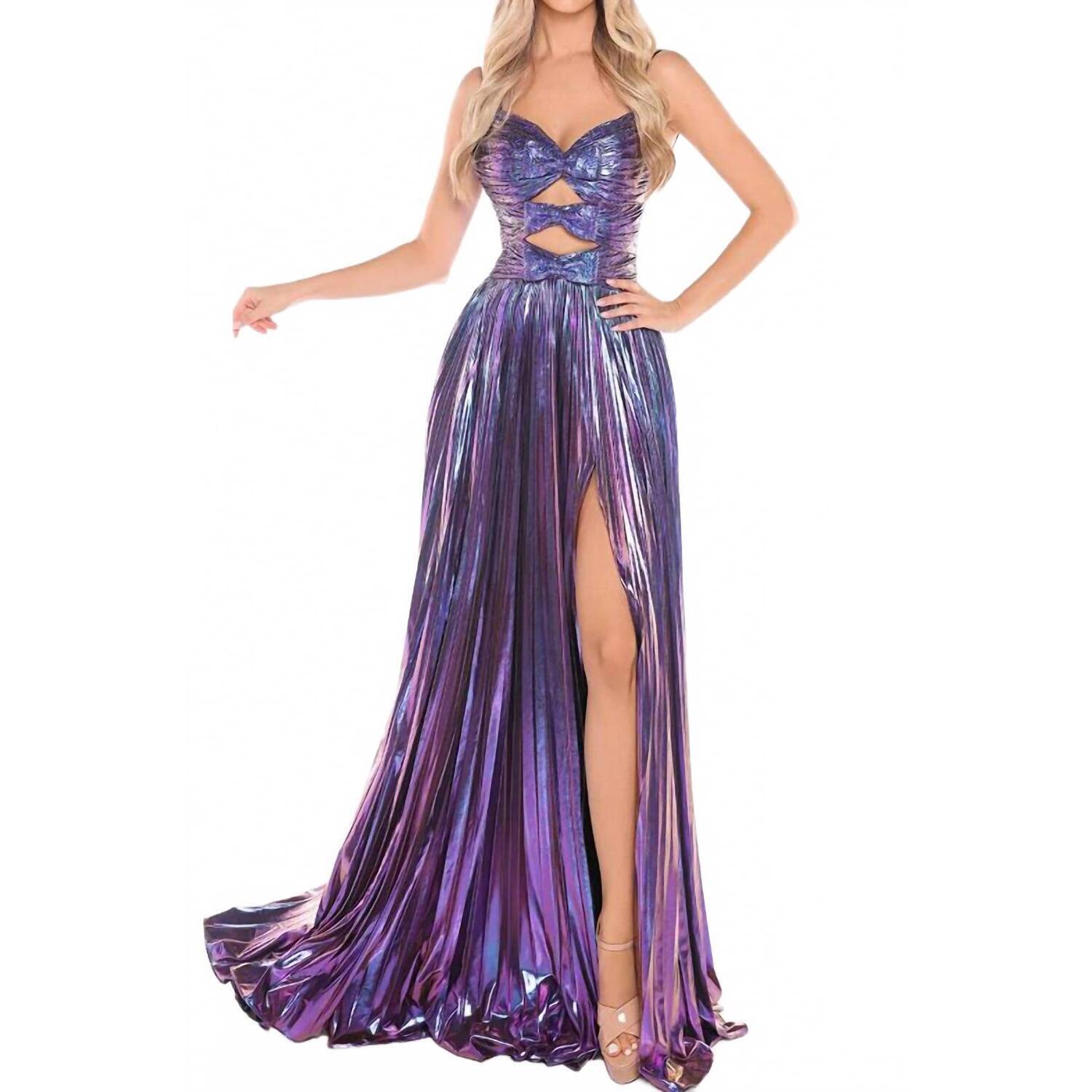New Amarra Metallic Cutout A-Line Slit Gown In Bright Purple